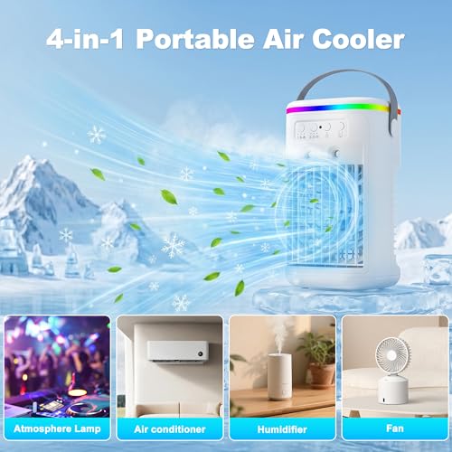 Mini Quiet Portable Air Conditioner, Air Cooler with Remote Control, 3 Speeds and 2 Misting Modes, 1-4H Timer, 7 LED Lights, Cold Air Fan for Bedroom Office