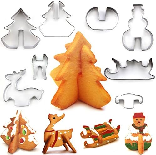 MerryMore Christmas Cookie Cutters Set Stainless Steel Biscuit Cutter Tool 3D Baking Mold 8 Packs - Christmas Tree, Snowman, Sleigh, Elk for Kids Party