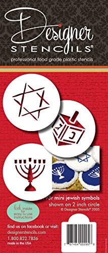Designer Stencils C193 Jewish Symbols Cookie and Cupcake Stencils, Small, (Dreidel, Star of David, Menorah), Beige/semi-transparent