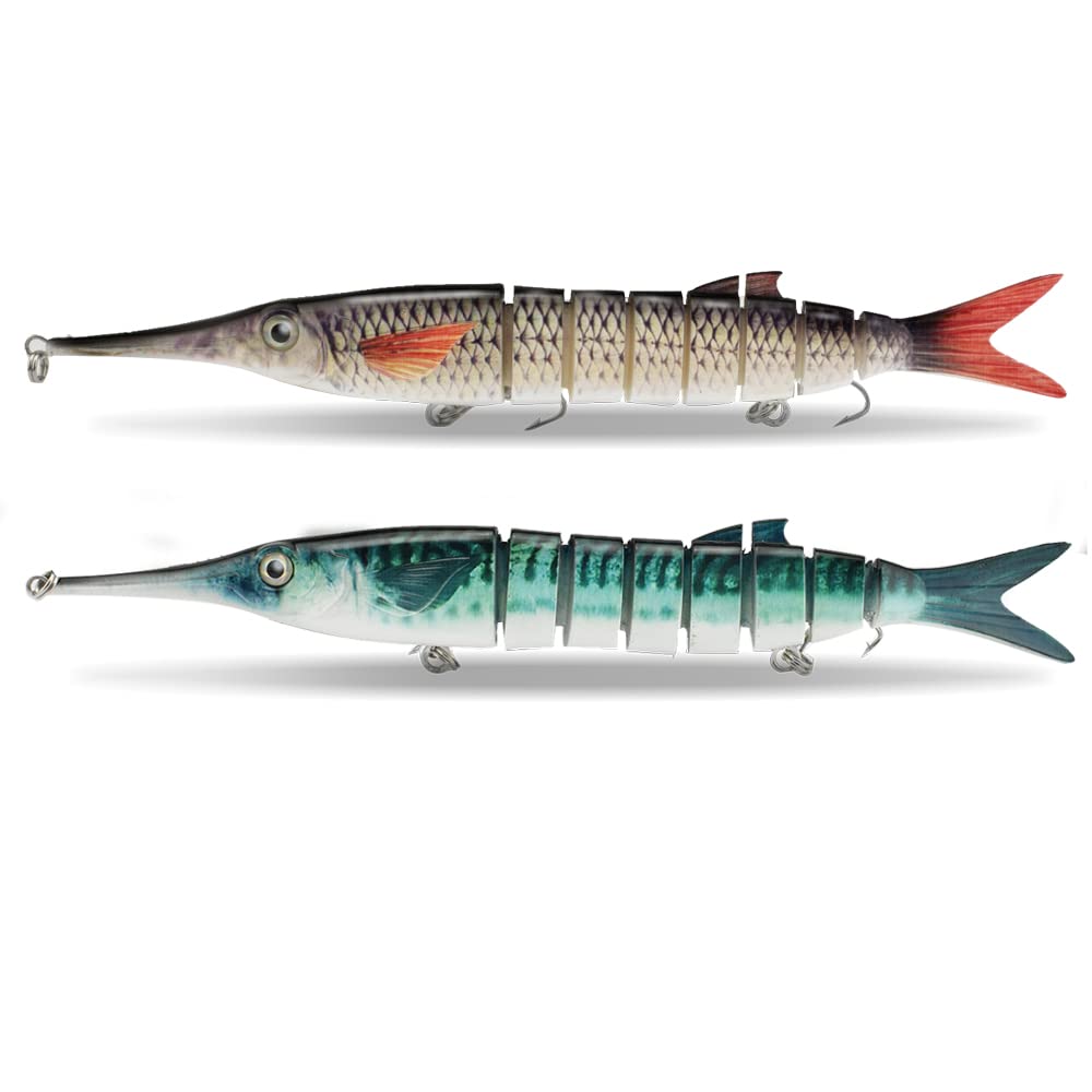 ODS Multi Jointed Fishing Lure Animated Hard Needlefish Swimbait with Hooks for Bass Pike Shad Garfish Freshwater & Saltwater (Set 2)