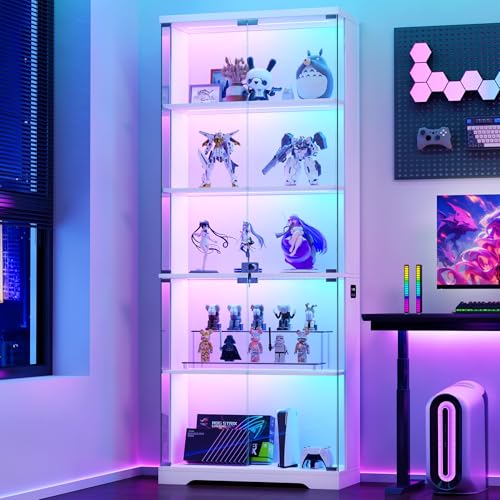 Dystler 69" RGB LED Display Cabinet 5-Tier Shelves & Lockable Glass Doors | 12 RGB Modes, Motion Sensor Auto-Light, Push-to-Open Glass Doors, Lockable, 5-Tier Wooden Shelf