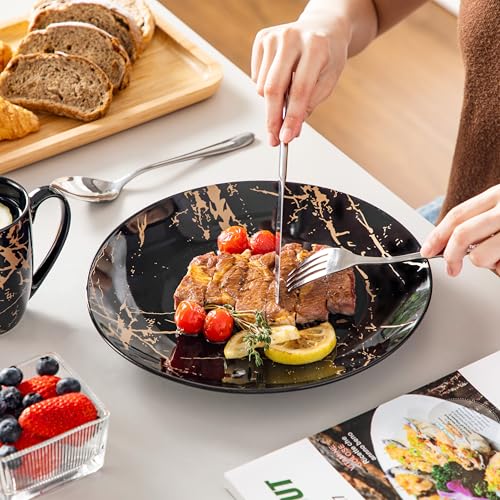 LOVECASA Daphne - 6 Person Dinner Set Plates, Modern Complete Porcelain Tableware, 24 Pieces (Flat Sides, Dessert Bowls, Cereal Bowls, Cups) - Black & Gold Design