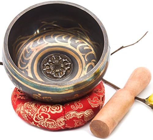 Tibetan Singing Bowl Set With Mallet &amp; Silk Cushion Om Mani Padme Hum For Meditation, Chakra Healing, Prayer ,Yoga, and Mindfulness Made in Nepal (4 Inch)