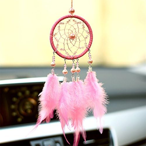 DEEAMER Handmade Dream Catcher Pendant Mini Car Ornaments Innovative Gifts Wind Chimes Dreamcatcher Natural Feathers Wall Hanging Decor Pink