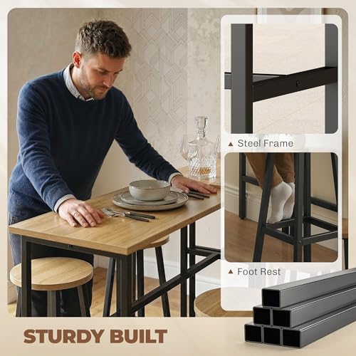 HOMCOM 6-Piece Bar Table Set, 2 Breakfast Tables with 4 Stools, Counter Height Dining Tables & Chairs for Kitchen, Living Room, Grey-Brown Wood Grain