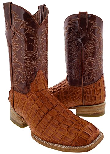 Team West - Men's Cognac Crocodile Tail Design Leather Cowboy Boots Square 7.5 2E US