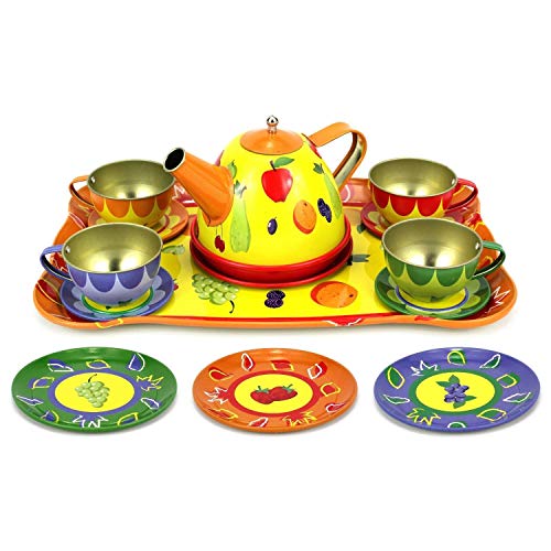 Liberty Imports Colorful Fruit Tin Tea Party Set for Kids - Metal Teapot and Cups Kitchen Playset
