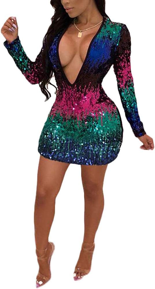 Women's Deep V Neck Long Sleeve Sequin Bodycon Party Mini Dresses Clubwear