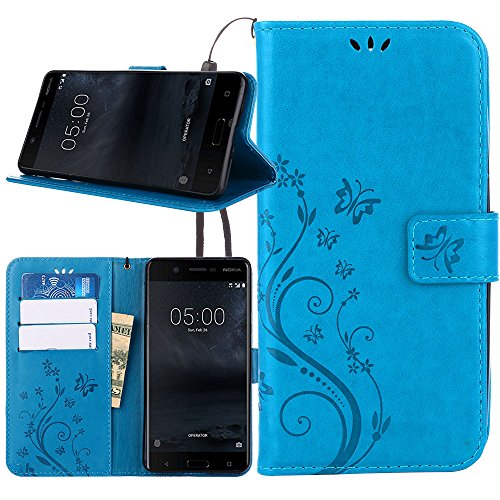 Nokia 5 Case, Linkertech [Kickstand Feature] PU Leather Wallet Flip Pouch Case Cover with Card Slots & Wrist Strap for Nokia 5 (Blue)