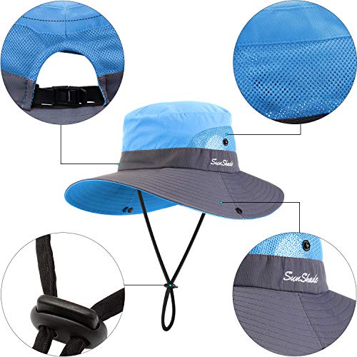 Geyoga 2 Pack Sun UV Protection Hat Mesh Wide Brim Sun Hat Outdoor Foldable Beach Hiking Fishing Summer Hat 56-58 cm (Purple and Blue)