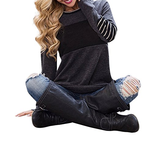 Women's Patched Tops Duseedik Long Sleeve Round Neck Elbow Patched Color Block Stripe Shirt
