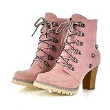 Milesline Womens Motorcycle Boots Winter Trendy Lace-Up and Rivets Design Chunky High Heel Ankle Bootie