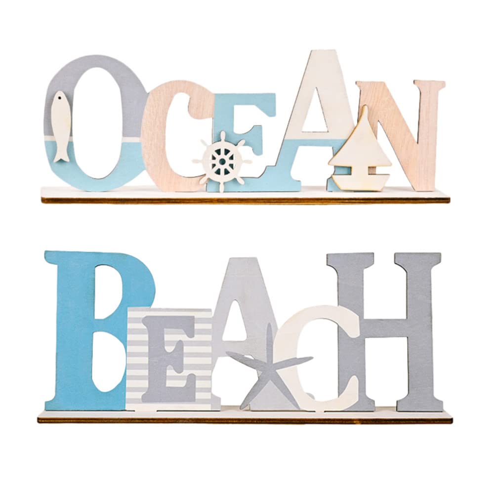 2PCS Nautical Table Sign Desktop Wooden Ocean and Beach Signs Mediterranean Decor Beach Theme Centerpiece Ornament Party Decor