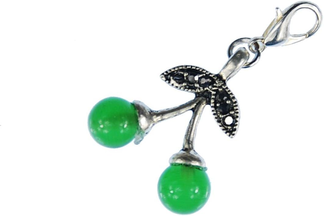 Miniblings Cherries Double Green Glass Beads Charm Pendant For Bracelet Wristlet, silver, 25mm