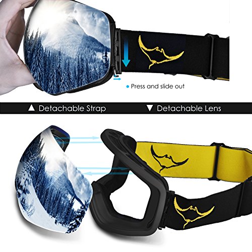 Ski Goggles, Frameless Snowboard Goggles Interchangeable Double Lens with Elastic Strap&Protective Case for Men Women - Anti Fog, 100% UV400 Protection, FDA & CE Approved (Silver(VLT18.5%)