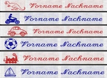 50 Wäscheetiketten Namensetiketten Etiketten J10 mit Namen und Motiv Namensbänder Label bestickt zum Einbügeln oder Einnähen 