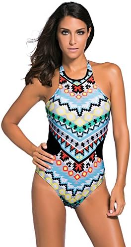 Burkshires Sexy Women High Neck One Piece Maillot Swimsuit Halter Bath Suit Swimwear Colorful Tribal XXL