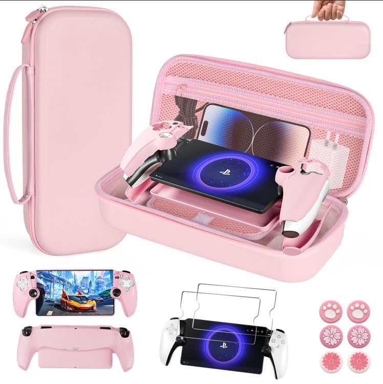 EIELST Accessories Bundle for Playstation Portal Remote Player - Cute PS5 Portal Accessories Kit with Carry Case, Protective Cover Case Set and 2 Pack Screen Protector for Ps Portal - Pink