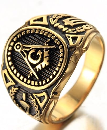 Mling Men's Cubic Zirconia Masonic Freemason Gold Plated Stainless Steel Rings