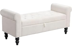 STRPRETTY BASIC Storage Bench Ottoman, 50" Velvet Upholstered End of Bed Bench with Rolled Arms, Button Tufted Storage Ottoman Bench for Bedroom, Living Room, Entryway (White)