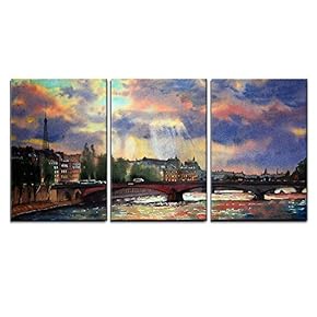 Watercolor Painting of The Paris France x3 Panels