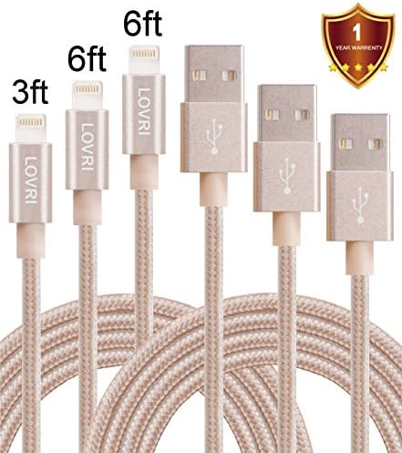 LOVRI 1Pack 3FT 2Pack 6FT Lightning Cable Nylon Braided USB Charging Cable Cord for iPhone SE, 6s, 6s plus, 6Plus, 6, 5s 5c 5, iPad Air mini min2, iPad 4,iPod 5,iPod 7, iOS9. (Gold)