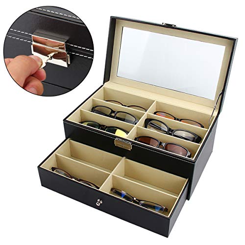 Mochiglory PU Leather 12 Slots Eyeglass Storage Sunglass Glasses Display Lockable Case Organizer