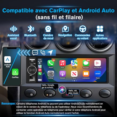 Junsun 6.36 Inch 1 Din Touch Screen Car Stereo Compatible CarPlay & Android Auto Bluetooth GPS FM Type-C Charge 2 USB Microphone Equalizer Steering Wheel Control