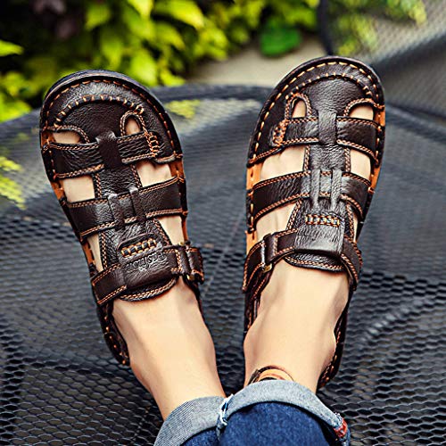 Yomiafy Men's Sandals Summer Outdoor Leather Fisherman Shoes Closed Toe Casual Beach Sandals(Brown,US:10.5)