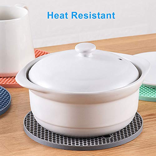 Silicone Trivets Pot Mat Round,Pan Pot Holders Set Heat Resistant Non Slip Silicon Hot Dish Trivet for Kitchen Dining Table BPA Free Honeycomb Thick Heavy Duty 7 inch 4 Pack (Grey,Blue,Green,Pink)