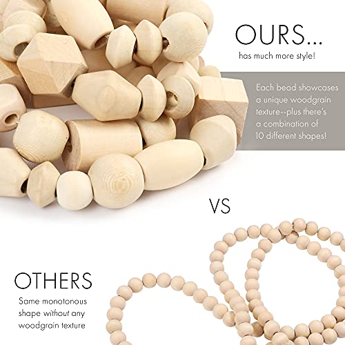 LotFancy Natural Wooden Bead Garland with Tassel, 60in / 5ft, Modern Farmhouse Boho Bead String for Décor, Various Shapes Design, for Home Wall Shelf Coffee Table