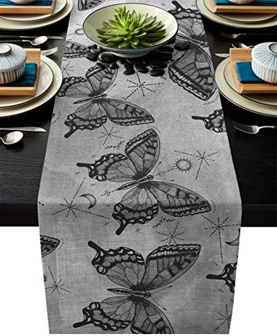 Olivefox Linen Burlap Table Runner 18x72 Inches Long, Grey Butterfly Sun and Moon Farmhouse Table Cloth Dresser Scarf for Holiday Parties, Dining Room, Home Kitchen, Wedding Decorations