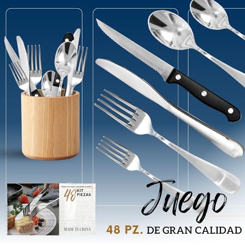 Juego de Cubiertos de 48 Piezas en Acero Inoxidable | Cubiertos Resistentes y Elegantes para Hogar, Cocina o Restaurantes
