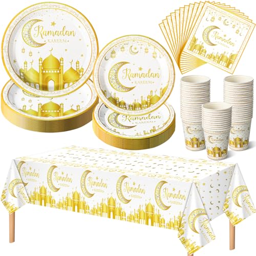 Blushtier 97 Pcs Ramadan Eid Mubarak Party Tableware Set for 24 Guests Include 9" Dinner Plates, 7" Dessert Plates, 9 oz Cups, Eid Mubarak Napkins, Tablecloth for Ramadan Decorations (White and Gold) by Blushtier - Used condition - US$12.56