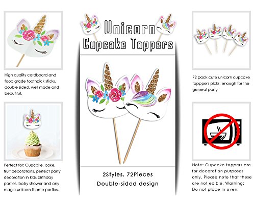 72 Pieces Unicorn Cupcake Toppers Double Sided with Two Different Styles for Birthday Baby Shower Party Decorations Supplies - Thumbnail 3