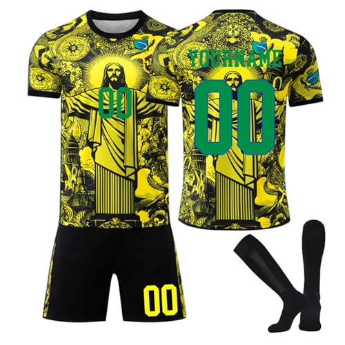 Generico Brazil Football Jersey with Your Name and Number for Child and Adult, Football Shirt Complete with T-Shirt Shorts and Socks Suitable