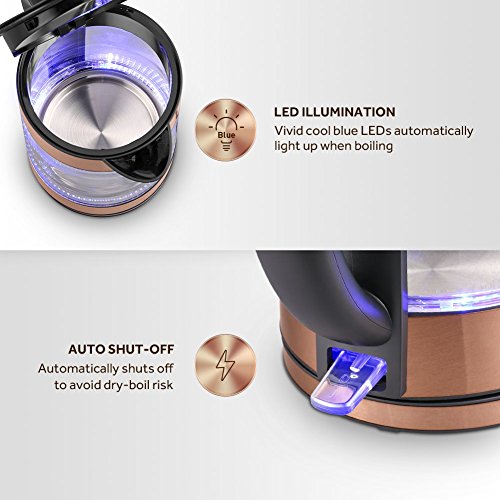 PLEMO Electric Kettle, LED-Lit Fast Water Boiler, Quick-Boil Glass Tea Kettle with Atmospheric Illumination, 1500 W Enclosed Heating Element and Cool Touch Handle, 1.7 L