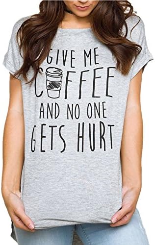 Meyerlbama Women Tee, Ladies Give Me Coffee Pullover Crewneck T-Shirt Letter Print Short Sleeve Casual Irregular Hem Blouse (XL, Grey)