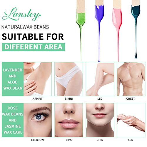 Home Waxing Kit for Women Lansley Painless Wax Warmer Hair Removal Wax Kit for Full Body Brazilian Bikini, Underarm, Legs, Face, Eyebrows Women Men with 4 Flavors Stripless Hard Wax