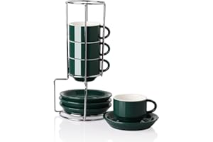 SWEEJAR Porcelain Espresso Cups with Saucers, 2.5 Ounce Stackable Cappuccino Cups with Metal Stand for Coffee Drinks, Latte, 