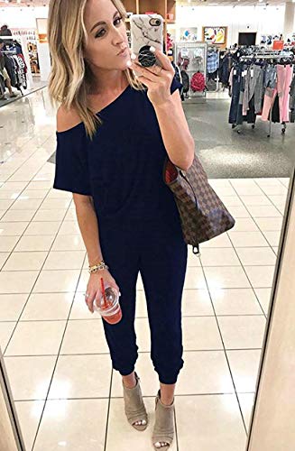 RichCoco Women's Floral Printed Jumpsuit Casual O Neck Loose Long Wide Legs Pants Jumpsuit Rompers with Pockets (Navy, L)