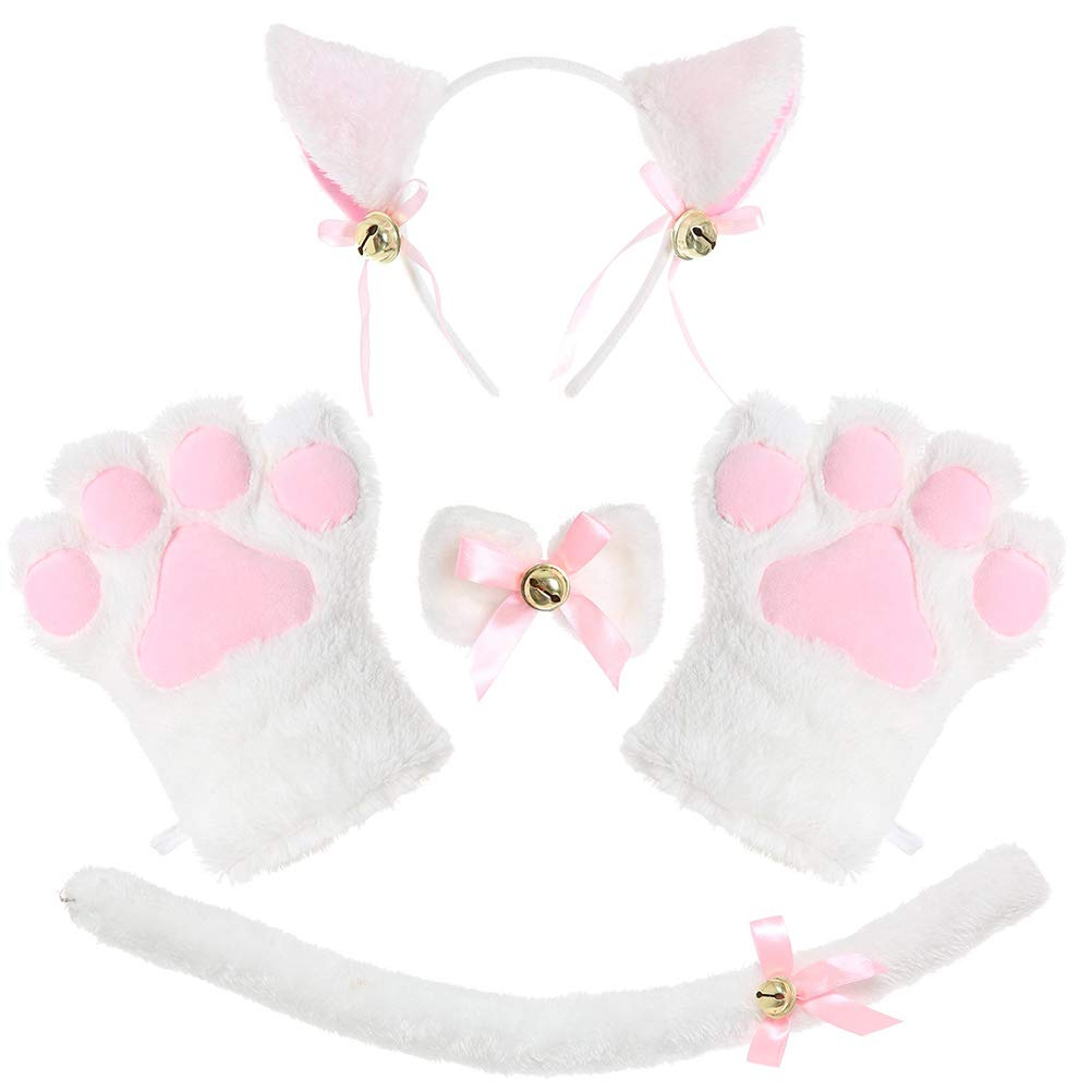 Kikier Cat Kit, Halloween Cosplay Costume Set, Festive Party Accessories Kitten Tail Ear Collar Paw Gloves White