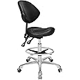 Kaleurrier Ergonomic Rolling Swivel Saddle Stool with Wheels,Pneumatic Lifting Height Adjustable Drafting Chair for Clinic Hair Salon Massage Lab Home Office (Black,with Back Rest & Footrest)