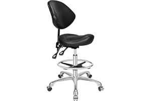 Kaleurrier Ergonomic Rolling Swivel Saddle Stool with Wheels,Pneumatic Lifting Height Adjustable Drafting Chair for Clinic Hair Salon Massage Lab Home Office (Black,with Back Rest & Footrest)