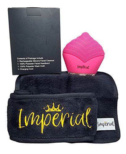 Facial Cleansing Brush Silicone Ultrasonic Massager Exfoliator Bundle With Spa Headband and Makeup Removing Wash Cloth