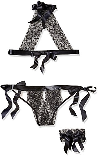 Oh la la Cheri Women's Super Sexy 3-Pack Lace Bra Open Panty and Garter, Black, One Size