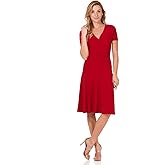 Rekucci Women's Slimming Short Sleeve Fit-N-Flare Crossover Tummy Control Dress