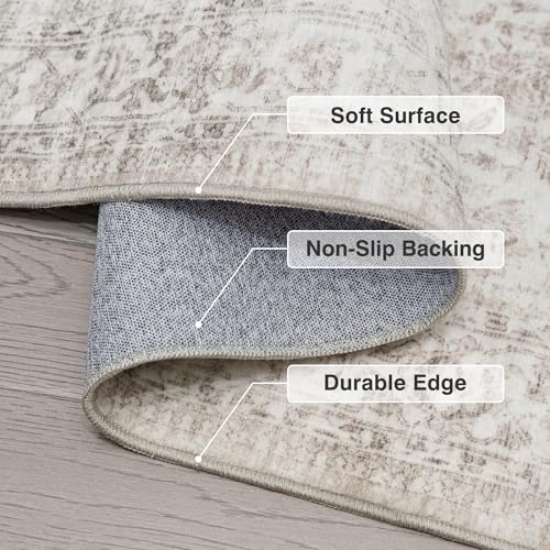 Fmfunctex 9x12 Washable Area Rug Beige Vintage Neutral Distressed Large Non Slip Carpet for Living Room Bedroom Soft Low Pile Indoor Retro Tapis Salon Throw Rug for Dining Room Kitchen Office Nursery