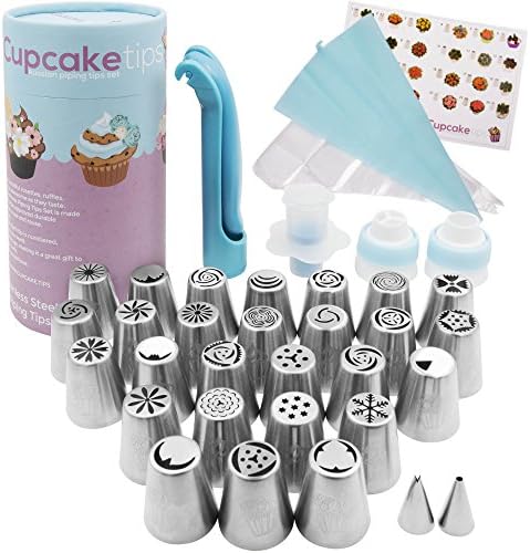 Prime Russian Piping Tips Kit for True Bakers. 27 Deluxe Stainless Steel Tip Set for Cake &amp; Fondant Icing, Frosting &amp; Decorating, One &amp; Tri Color Coupler, Pastry Bags, Decoration Pen, Cupcake Plunger