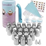 Prime Russian Piping Tips Kit for True Bakers. 27 Deluxe Stainless Steel Tip Set for Cake & Fondant Icing, Frosting & Decorating, One & Tri Color Coupler, Pastry Bags, Decoration Pen, Cupcake Plunger